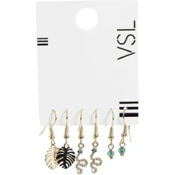 Lot de 3 paires de boucles d'oreilles pendantes perle/serpent/feuille métal doré