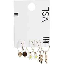 Lot de 3 paires de créoles doré avec pendentif pampille/fleur/feuille