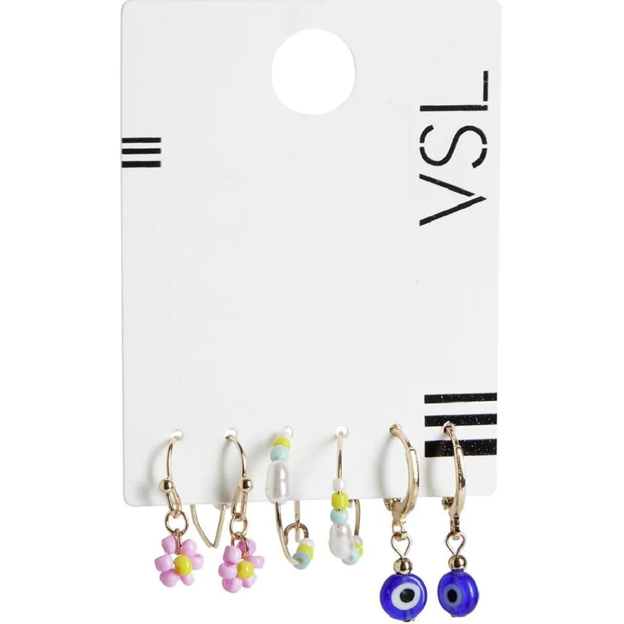 Lot de 3 paires de mini créoles colorées pendentif oeil/fleur/perles