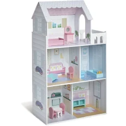 Maison de poupée meublée multicolore en bois 2 étages