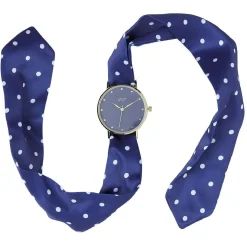 Montre bracelet tissu bleu à pois blanc à cadran rond