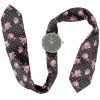 Montre bracelet tissu noir motif fleur rose à cadran rond