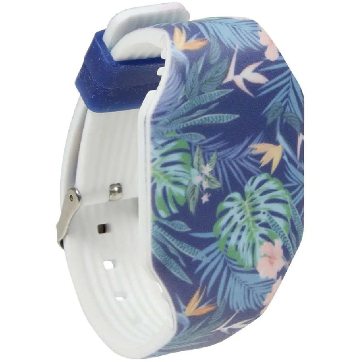 Montre LED chiffres invisibles silicone motif tropical bleu