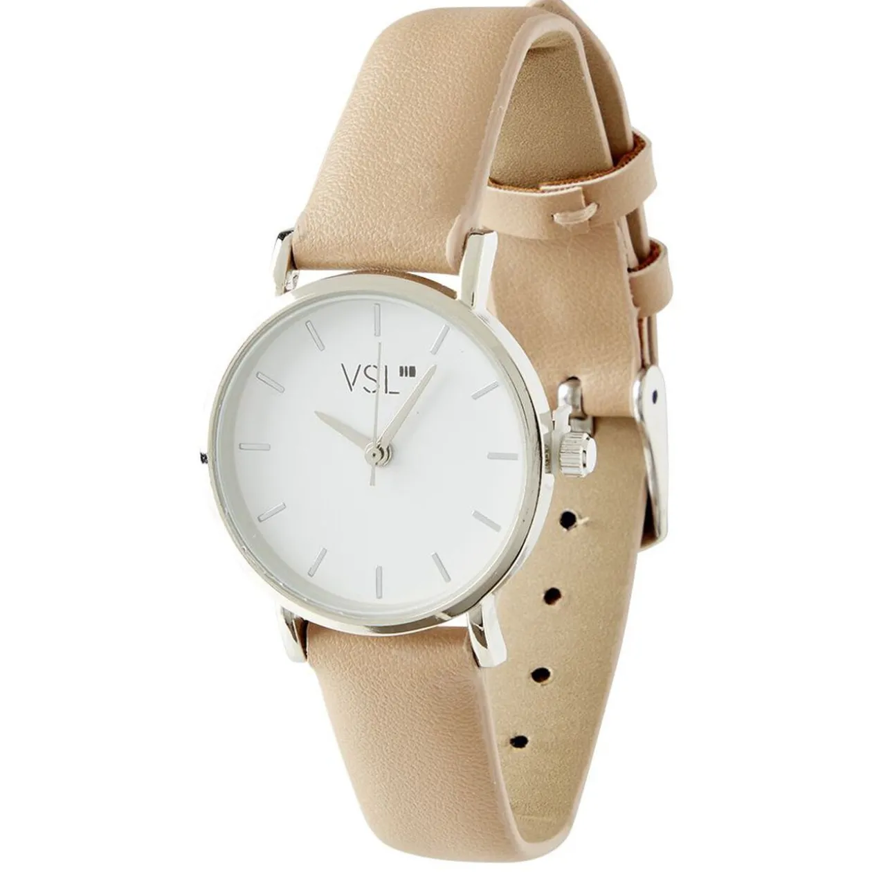 Montre ronde argentée simili beige nude L22cm