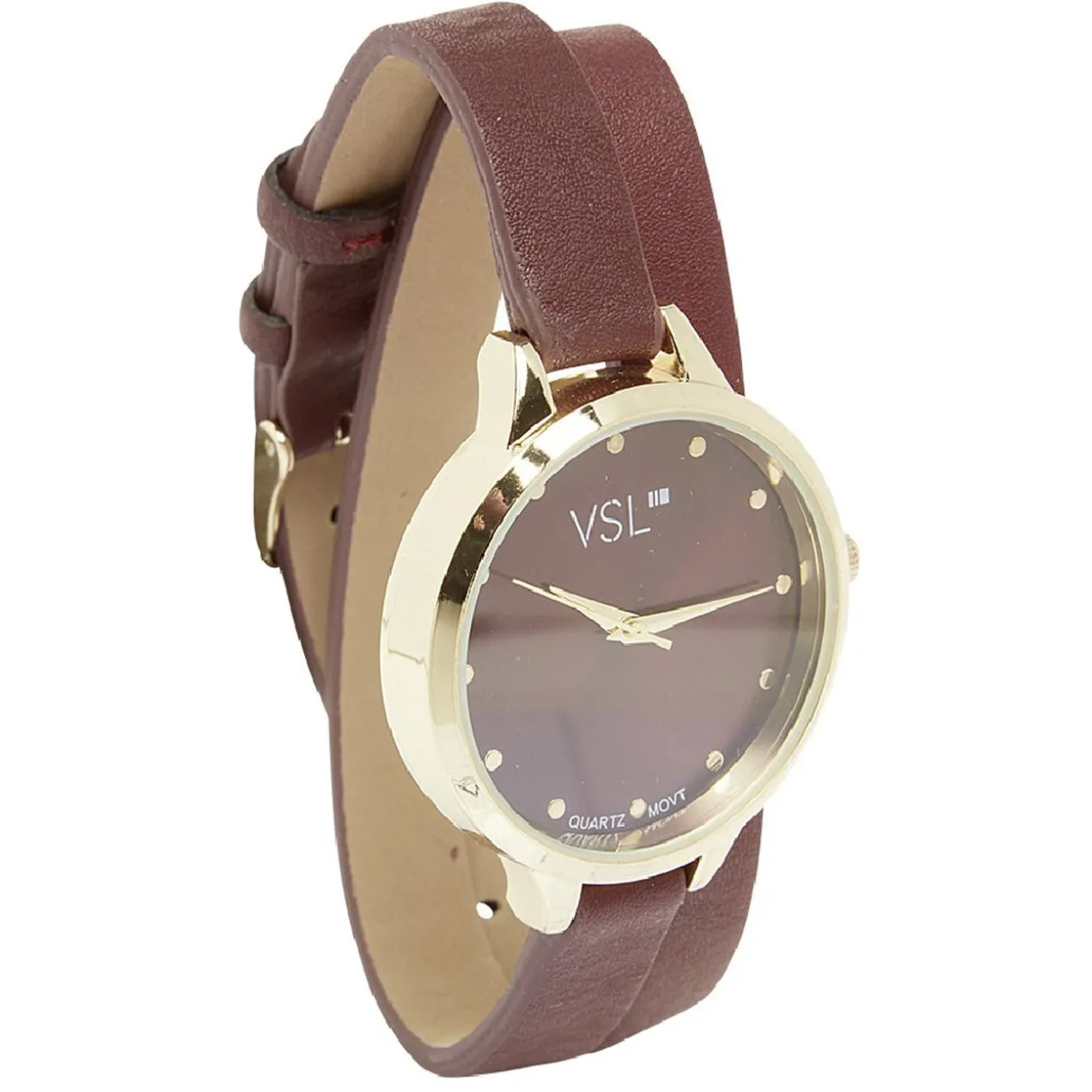 Montre ronde au bracelet double bordeaux et or