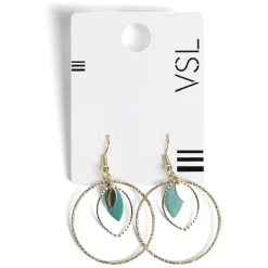 Paire de boucles d'oreilles anneaux et pampilles forme feuille vert et doré