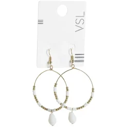 Paire de boucles d'oreilles créoles avec perles et pampille blanc et doré