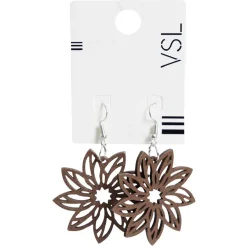 Paire de boucles d'oreilles pendantes en bois forme fleur filigrane marron