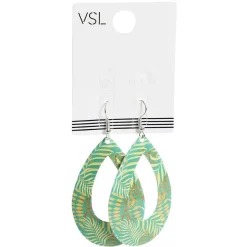 Paire de boucles d'oreilles forme goutte motif tropical vert et doré