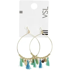 Paire de boucles d'oreilles créoles métal doré pampille et pompon bleu et vert