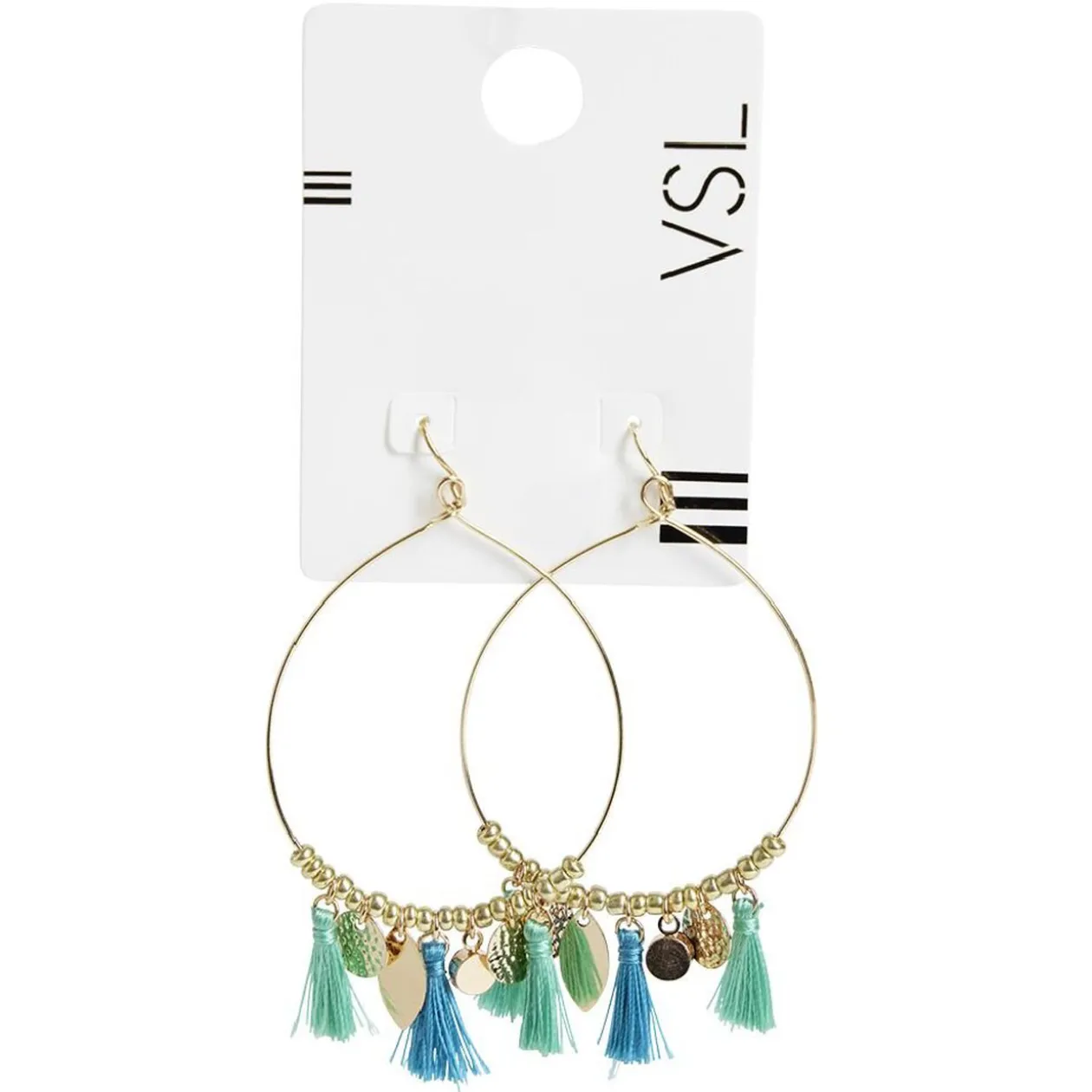 Paire de boucles d'oreilles créoles métal doré pampille et pompon bleu et vert