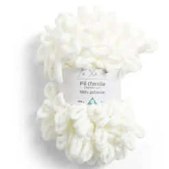 Pelote fil à tricoter 9m effet chenille polyester blanc écru 100g