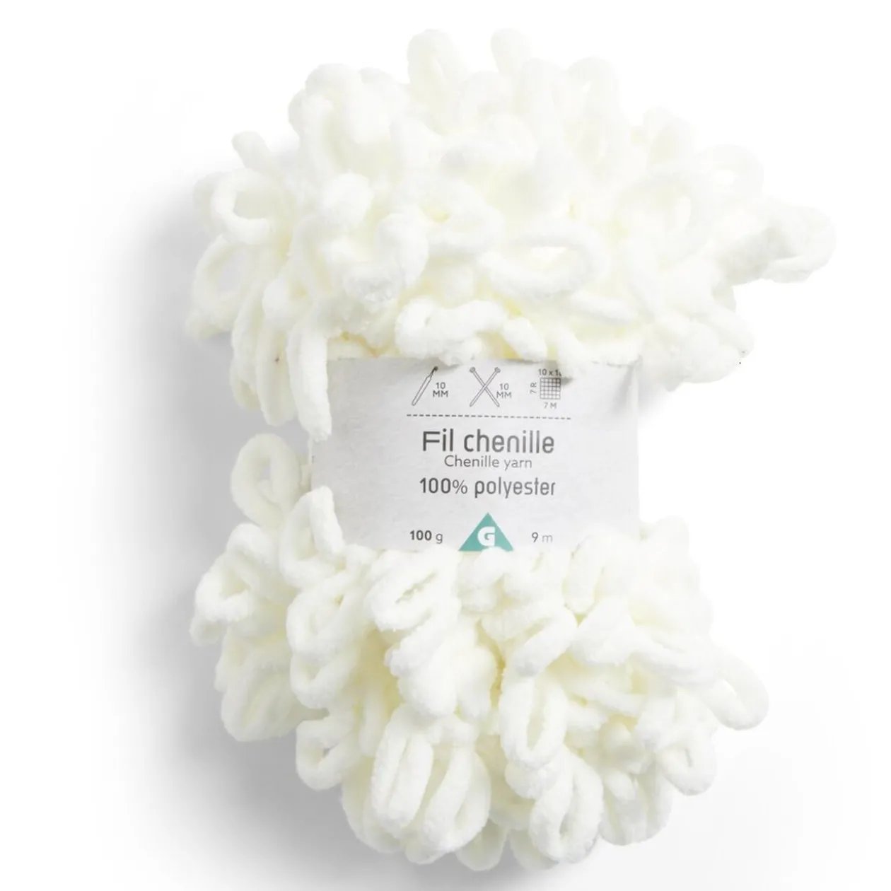 Pelote fil à tricoter 9m effet chenille polyester blanc écru 100g