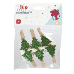 Pince porte-nom sapin vert pailletté en bois x6