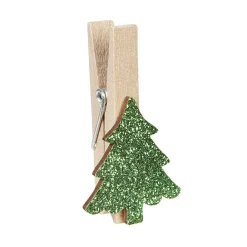 Pince porte-nom sapin vert pailletté en bois x6