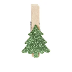 Pince porte-nom sapin vert pailletté en bois x6
