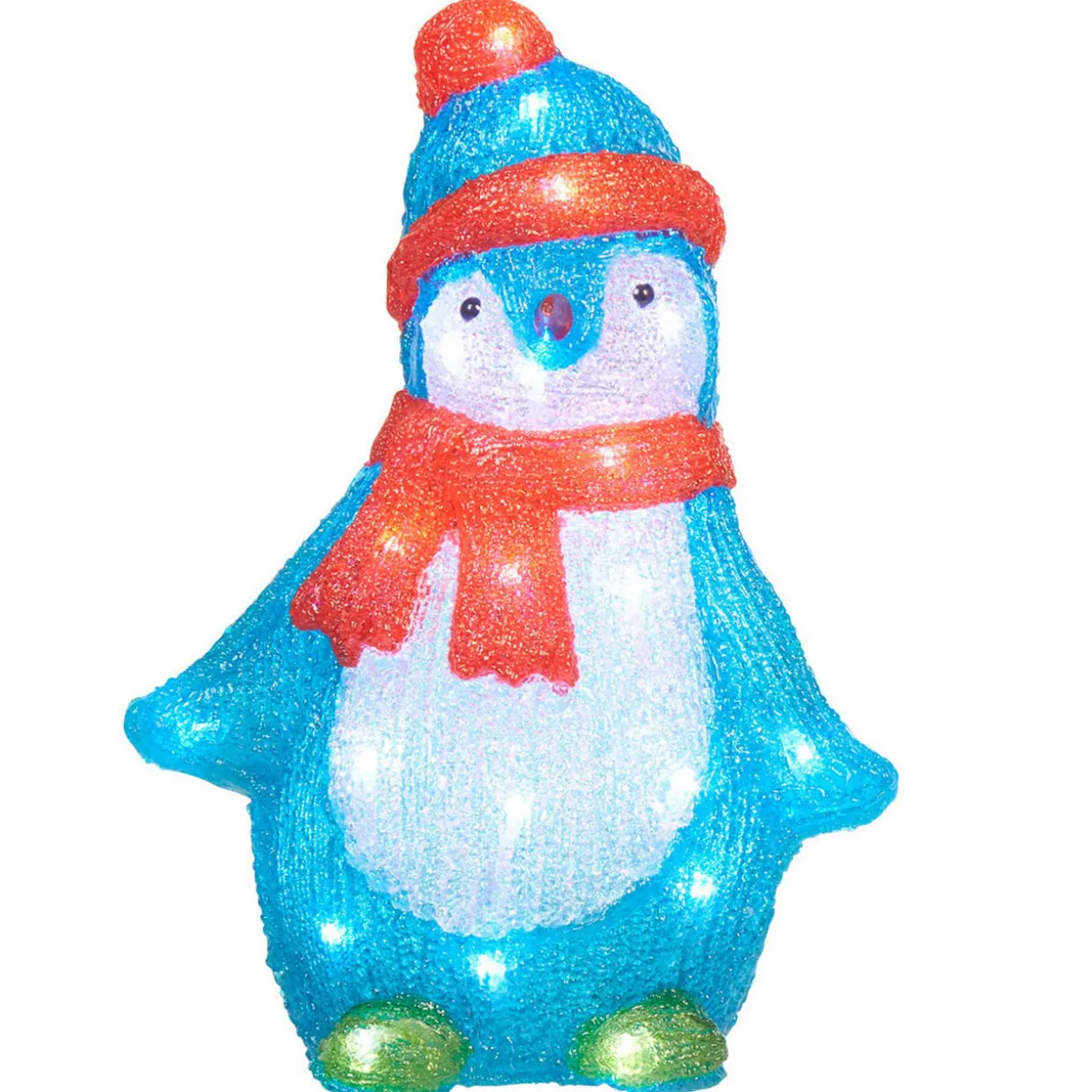 Pingouin lumineux bleu debout avec écharpe et bonnet rouge