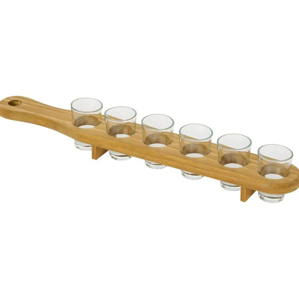 Planche en pin avec 6 verres à shooter