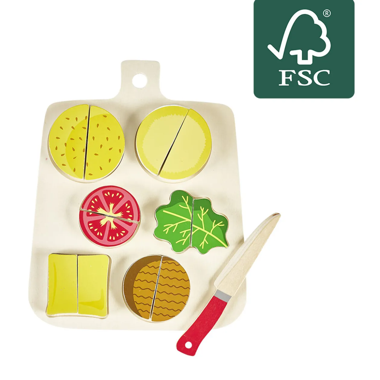 Planche et aliments burger prédécoupés en bois