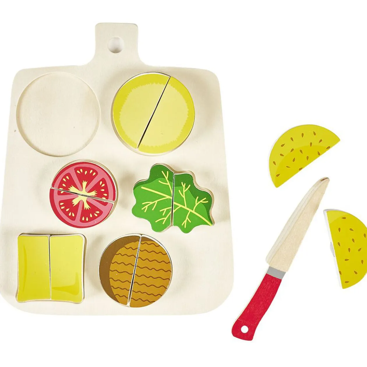 Planche et aliments burger prédécoupés en bois