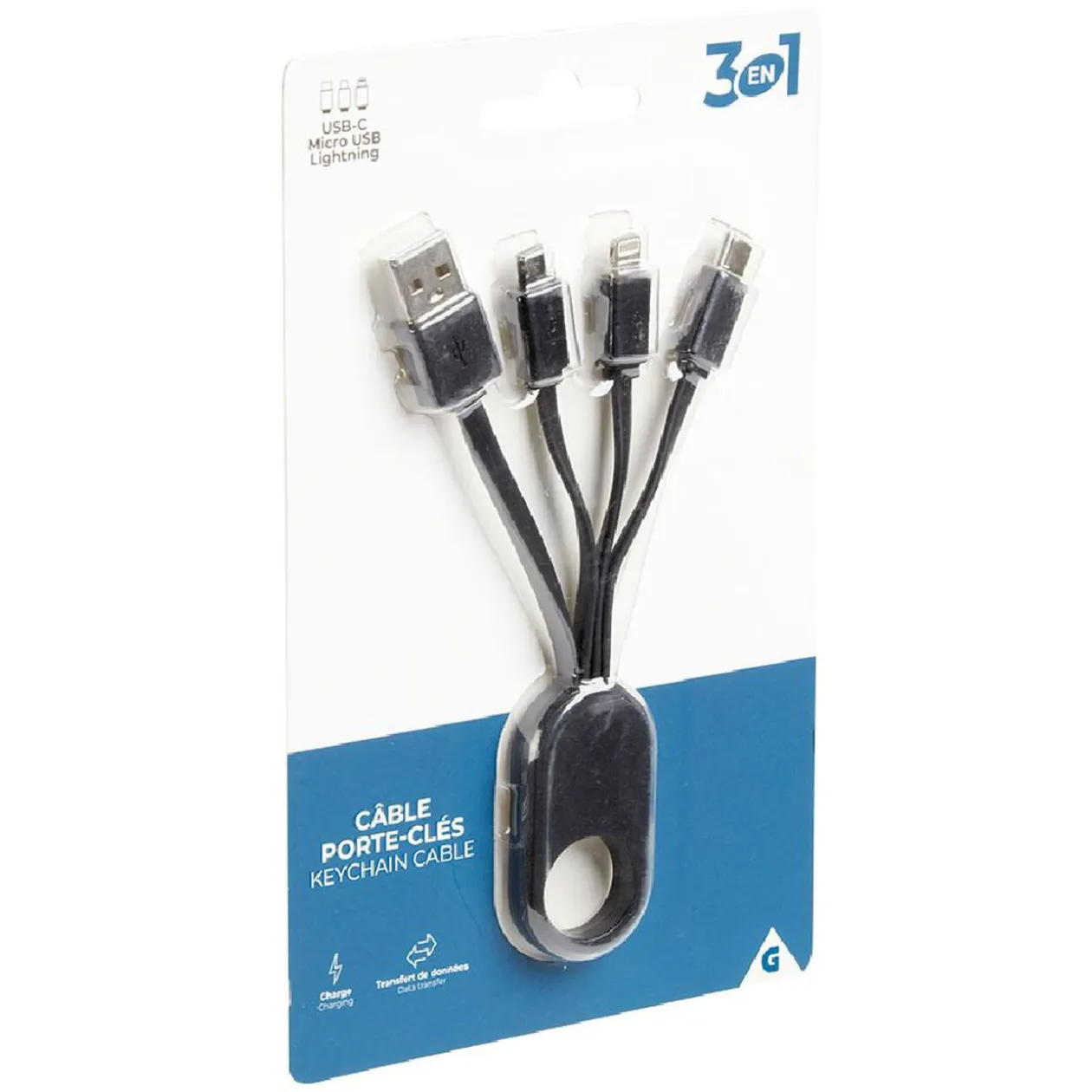 Porte clé câble de charge 3en1 lightning micro usb USBC blanc