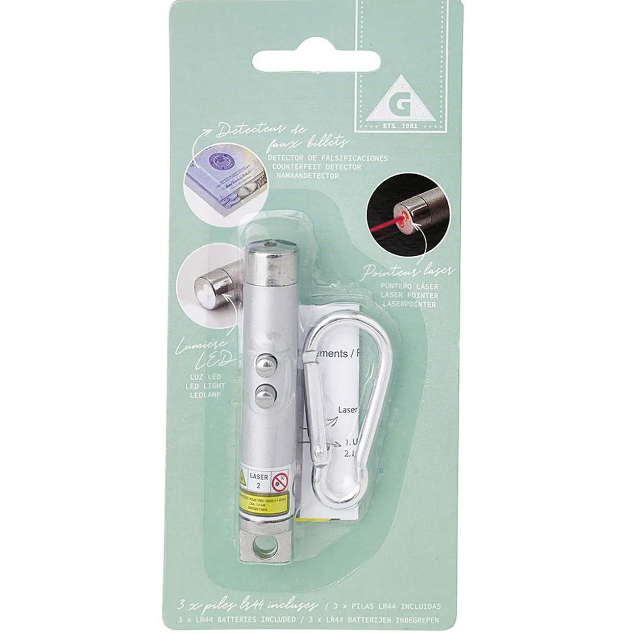 Porte clé 3en1 LED laser détecteur faux billets