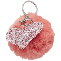 Porte-clé pompon avec un coeur rose