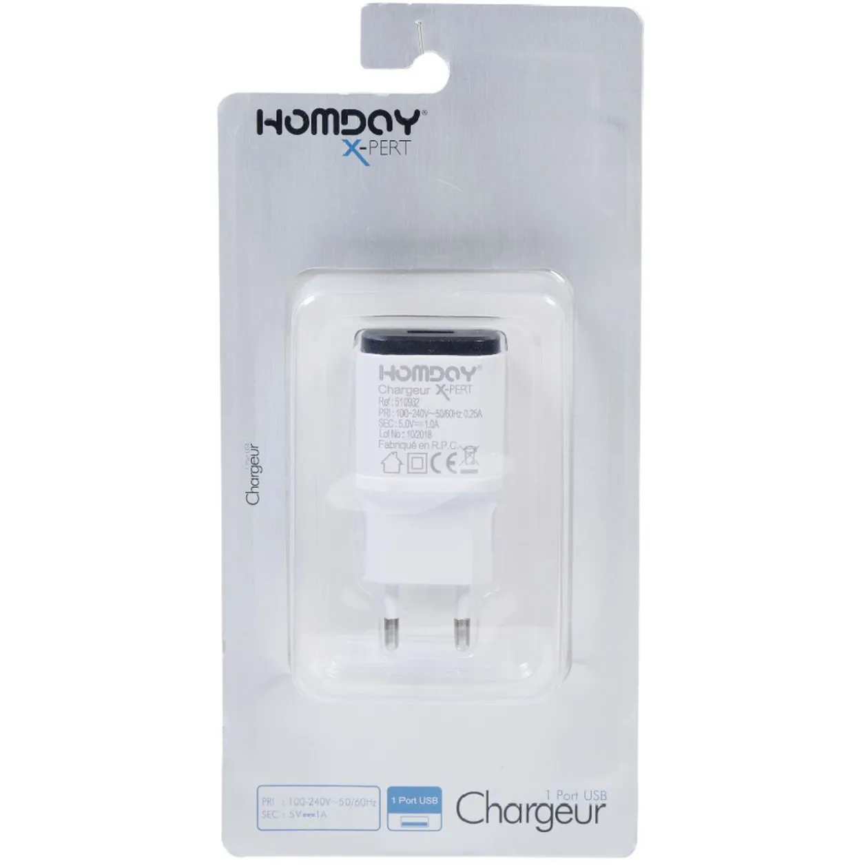 Prise chargeur secteur 1 port USB Homday X-Pert blanc