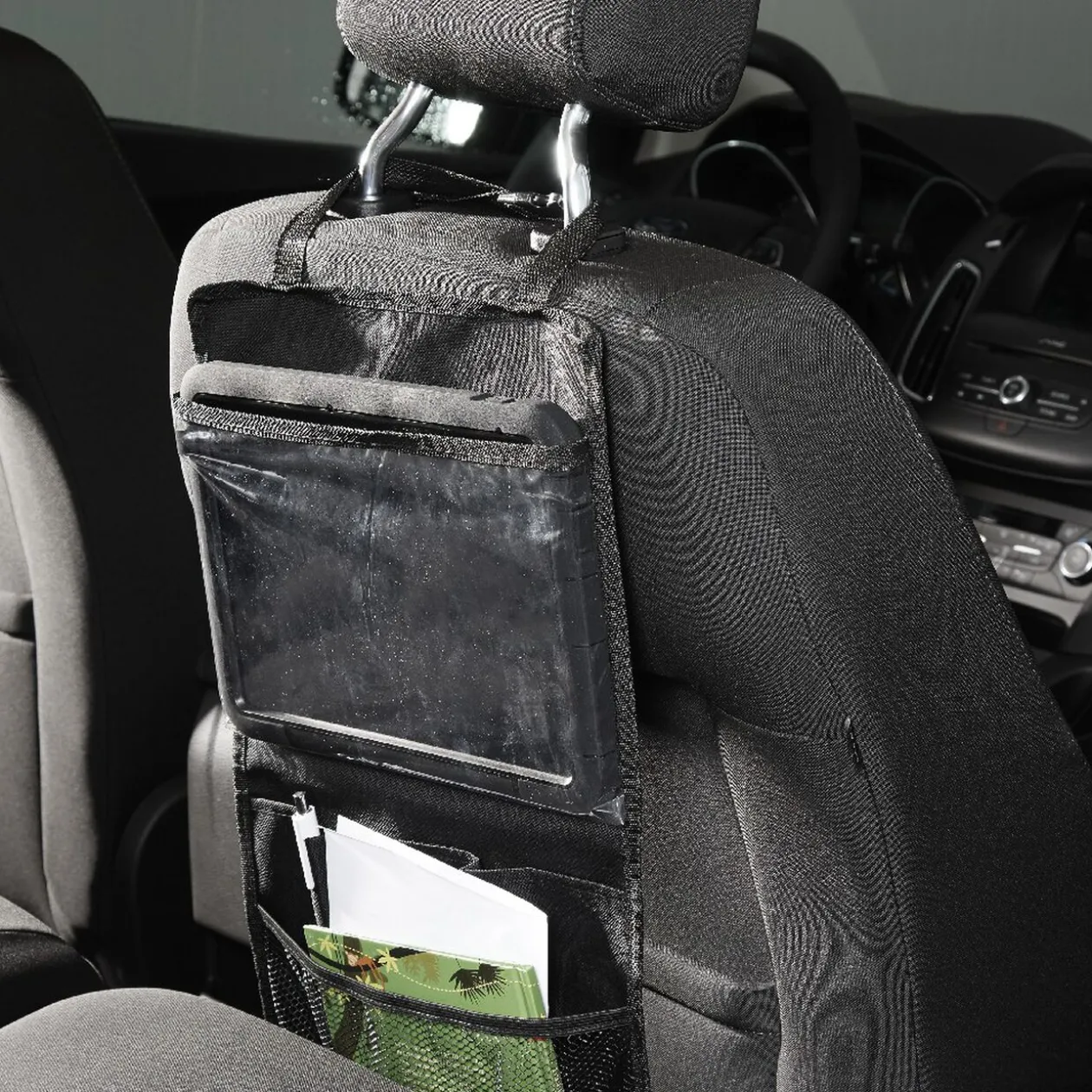 Rangement pour dos de siège de voiture avec pochette noir