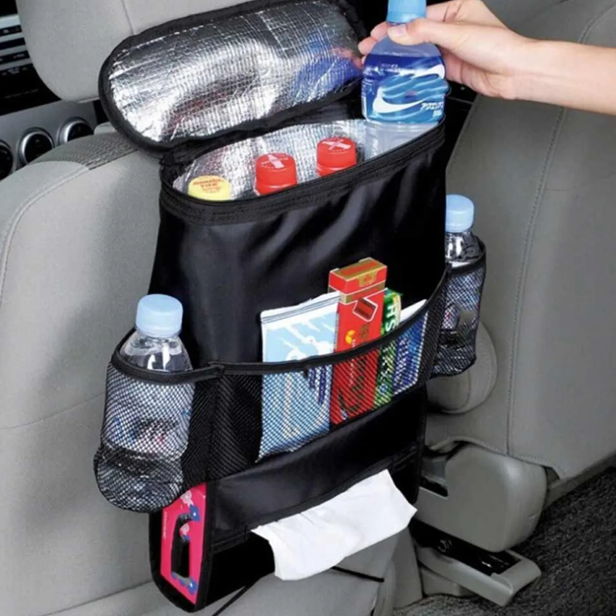 Rangement pour dos de siège de voiture avec sac isotherme noir