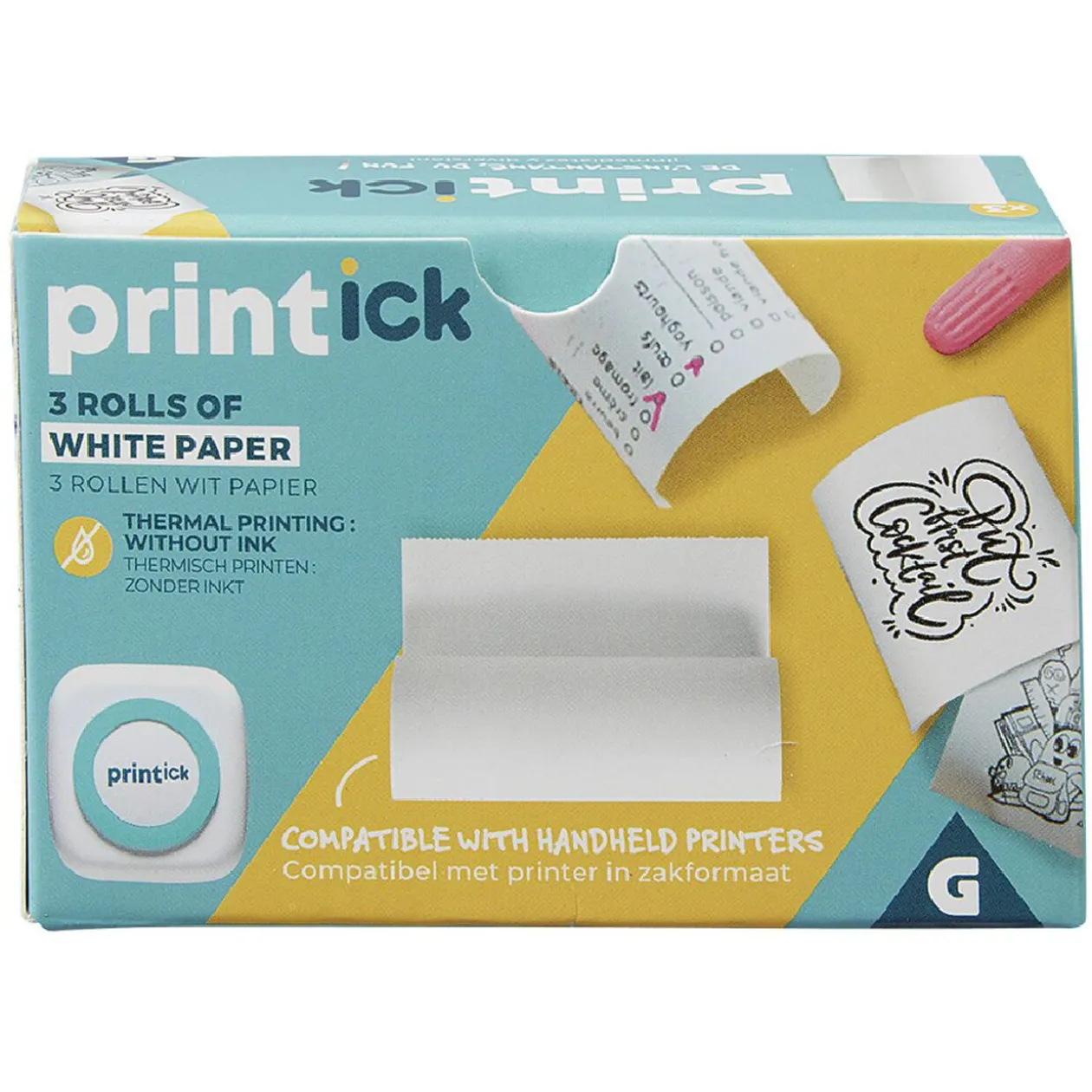 Rouleau de papier blanc x 3 pour imprimante Printick