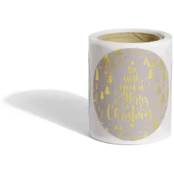 Rouleau étiquette autocollante Merry Christmas sapin blanc et dorée Ø3cm x50