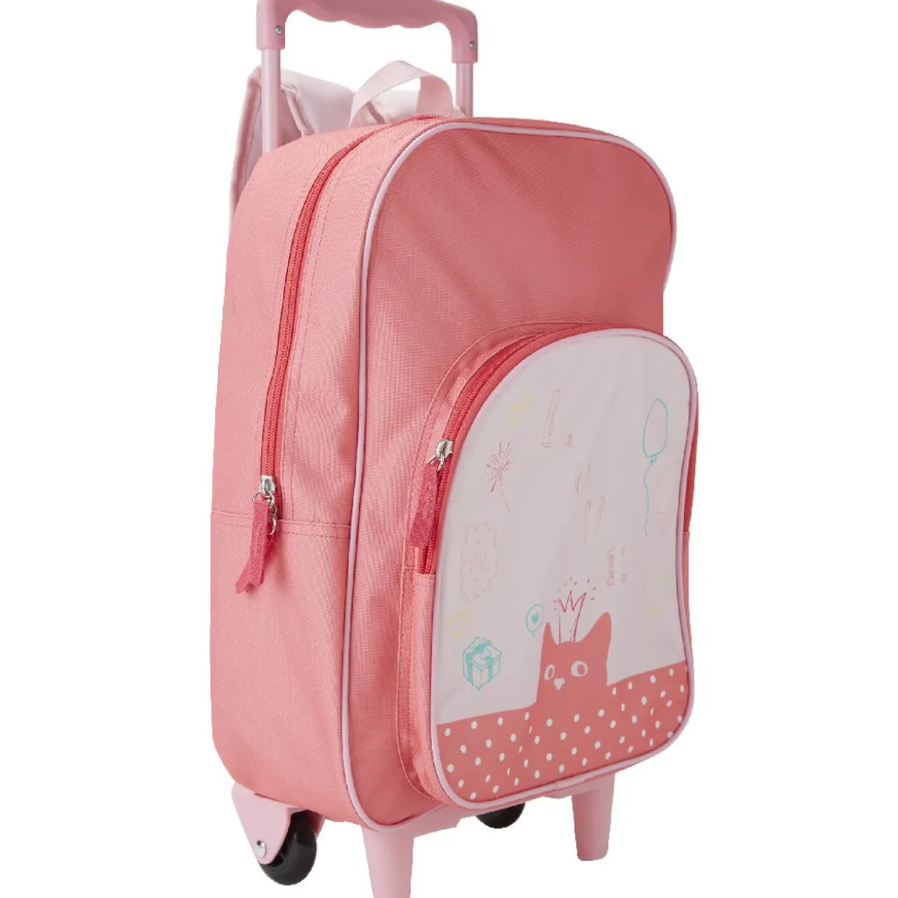 Sac à dos Trolley rose motif chat avec roulettes