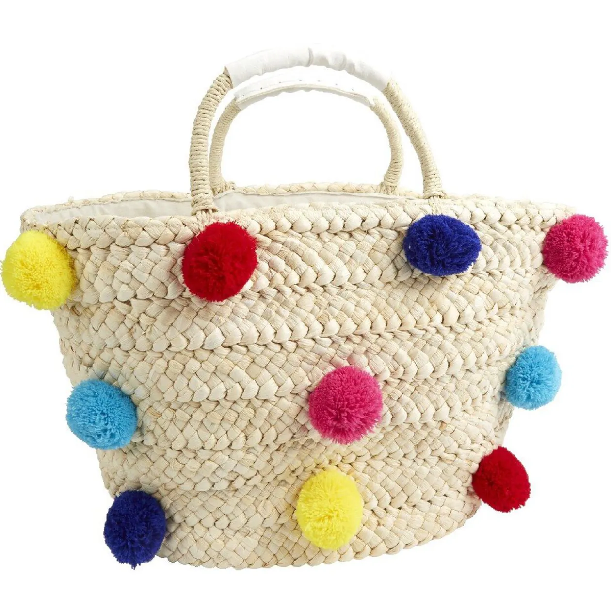 Sac de plage panier en paille à pompons colorés
