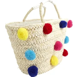 Sac de plage panier en paille à pompons colorés