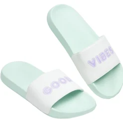 Sandales claquettes plastique vert imprimé Good vibes