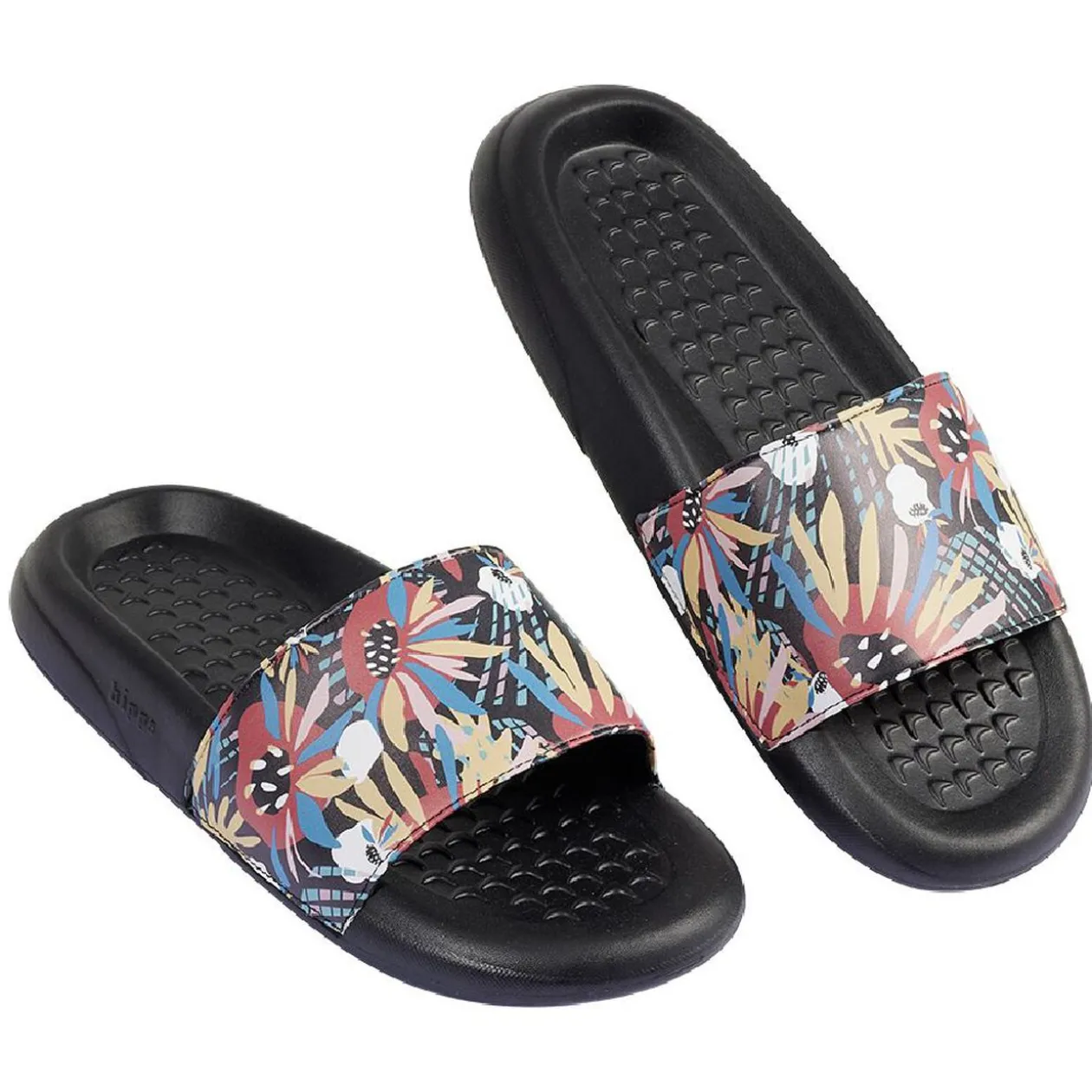 Sandales claquettes plastique noir motif feuillage multicolore 38/39