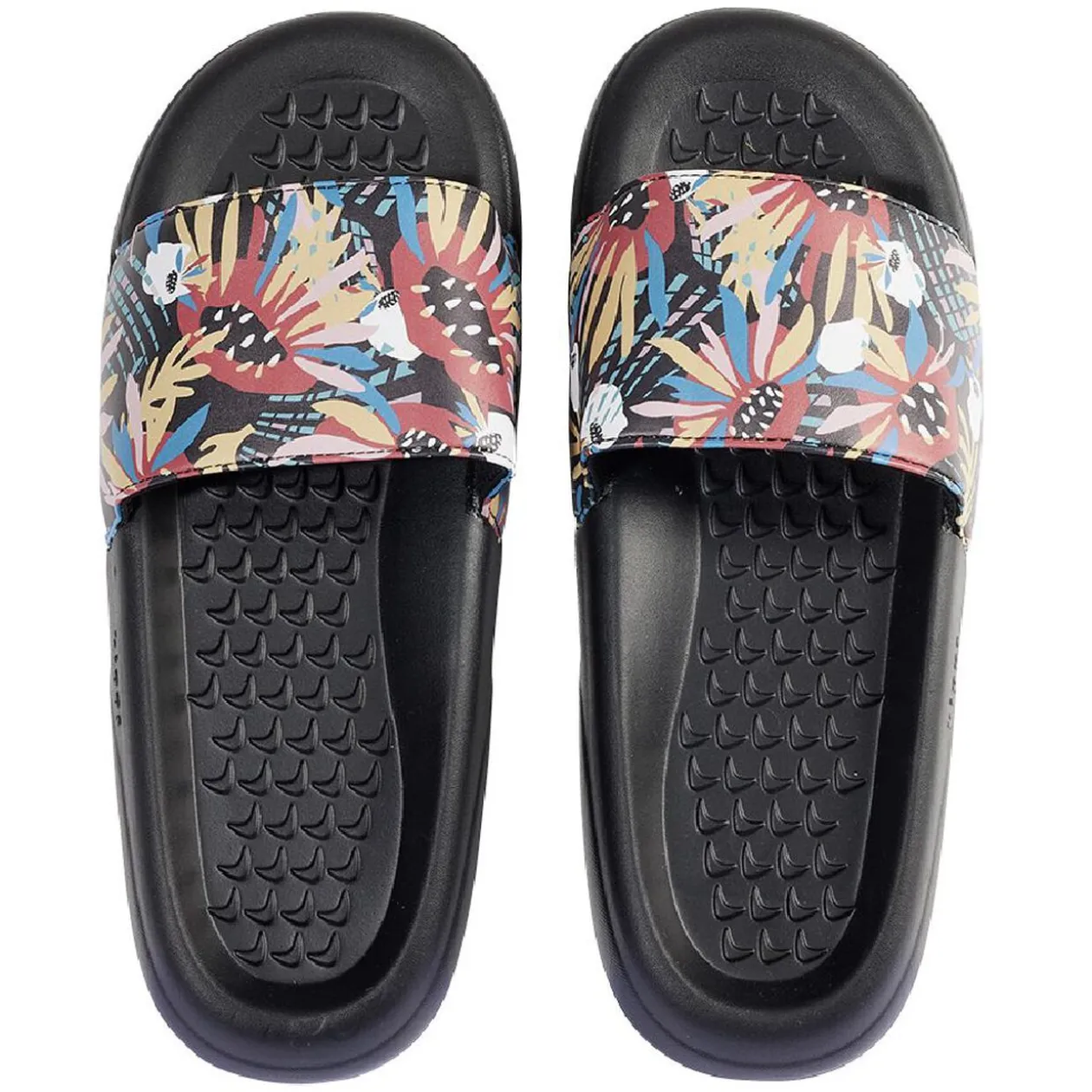 Sandales claquettes plastique noir motif feuillage multicolore 40/41