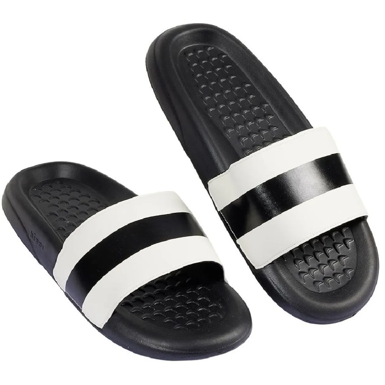 Sandales claquettes plastique noir avec bandes blanches 42/43