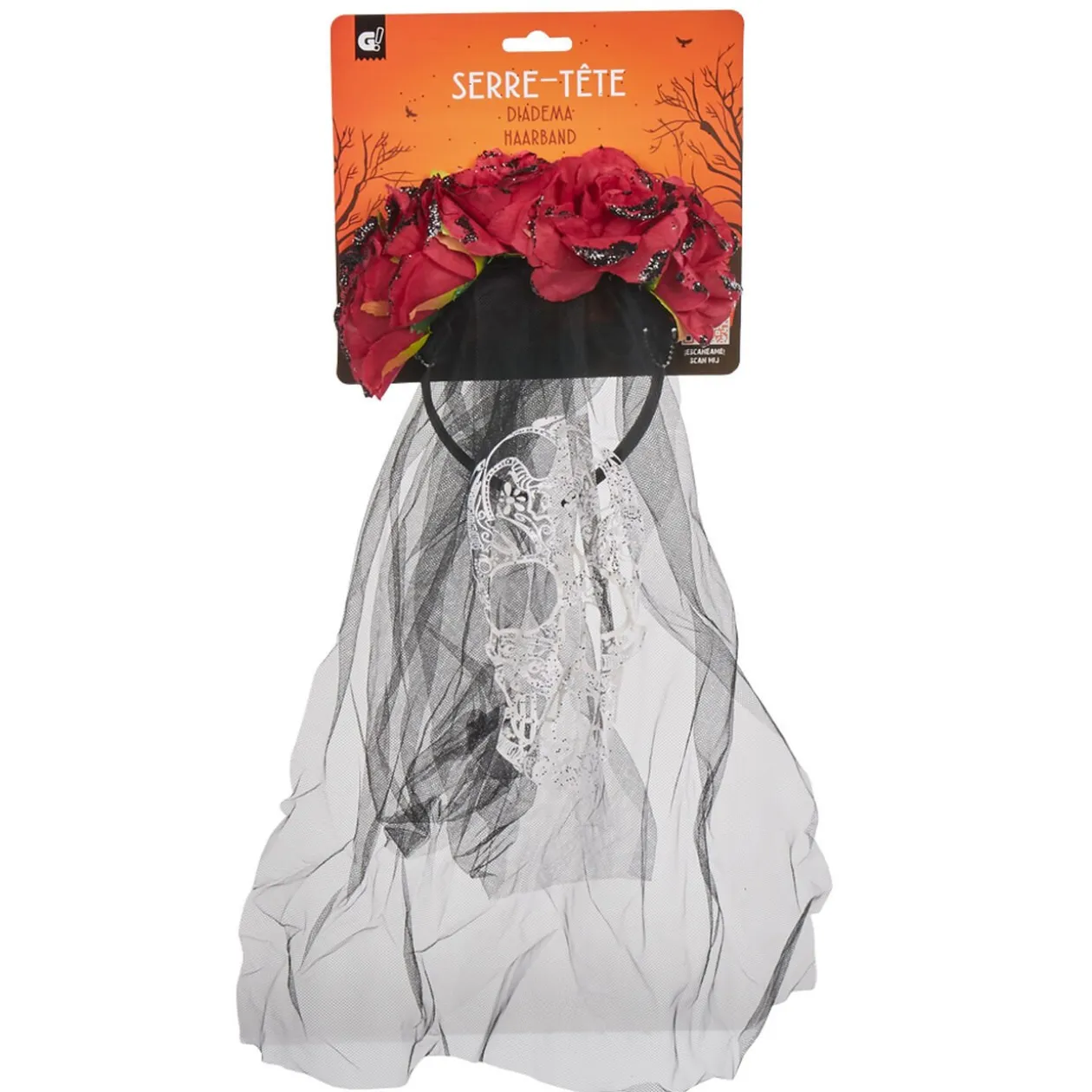 Serre-tête adulte Halloween voile calavera fleuri noir et rouge