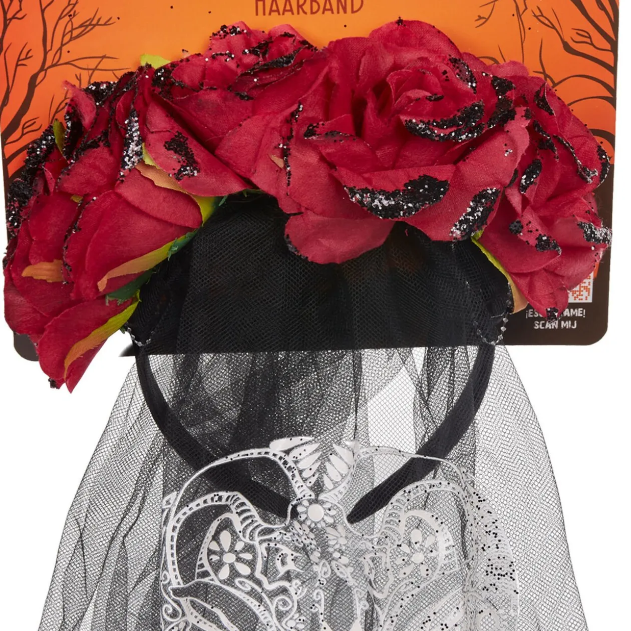 Serre-tête adulte Halloween voile calavera fleuri noir et rouge