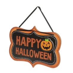 Suspension de porte pancarte Happy Halloween orange et noire bois