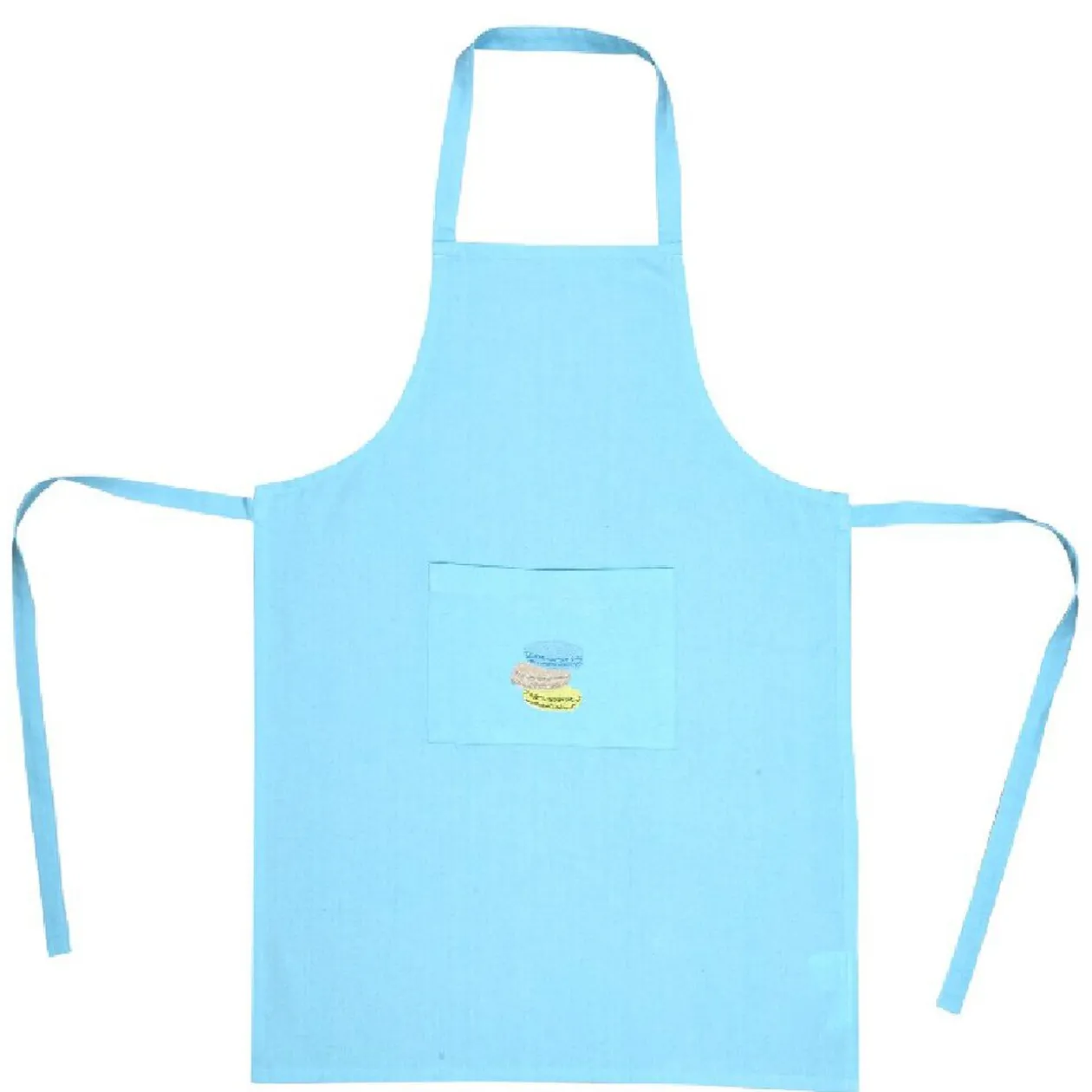 Tablier avec poche bleu turquoise design macaron