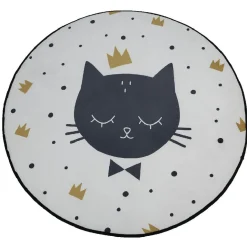 Tapis rond enfant blanc et doré design tête de chat noire