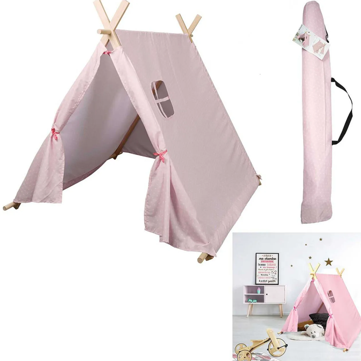 Tente chambre enfant rose imprimé pois blanc 115x105xH116cm