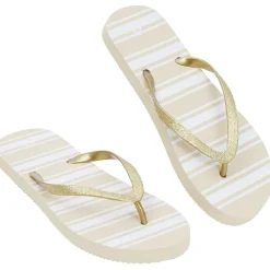 Tongs Femme plastique beige rayure blanche bride pailleté doré 36/37