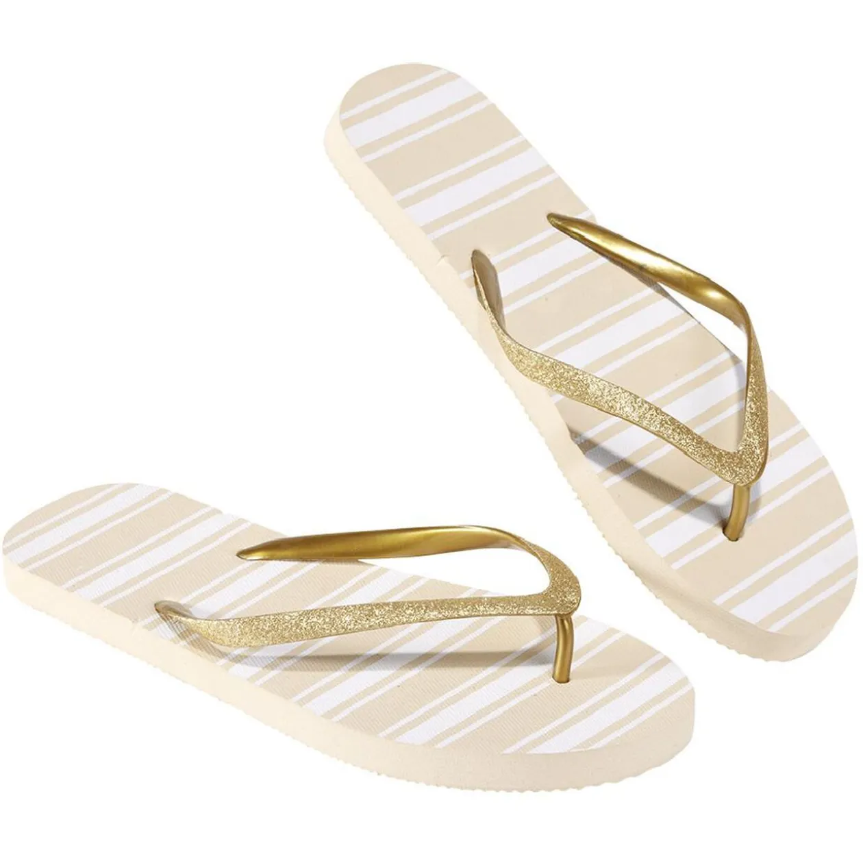 Tongs Femme plastique beige rayure blanche bride pailleté doré 40/41
