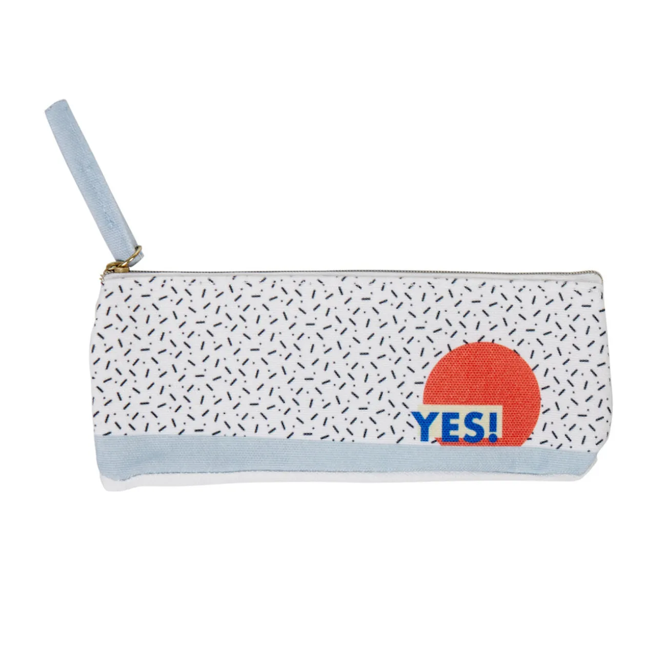 Trousse blanc moucheté motif rond rouge inscription Yes