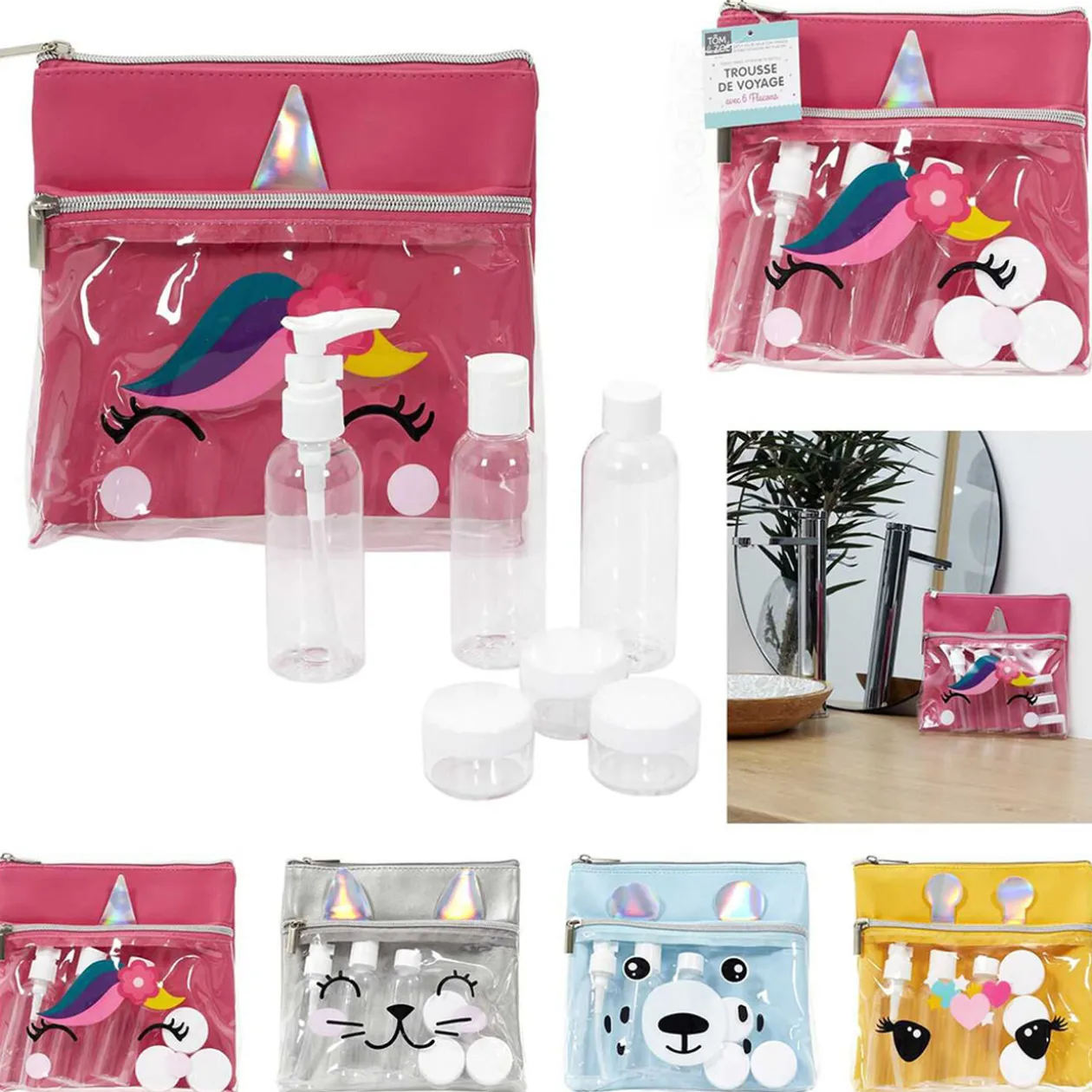 Trousse de voyage design animaux avec oreilles 6 flacons