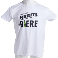 T-shirt homme inscription Tout Travail Mérite Sa Bière coton blanc